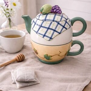 Hand-Painted Ceramic Teapot Set with Green Accents